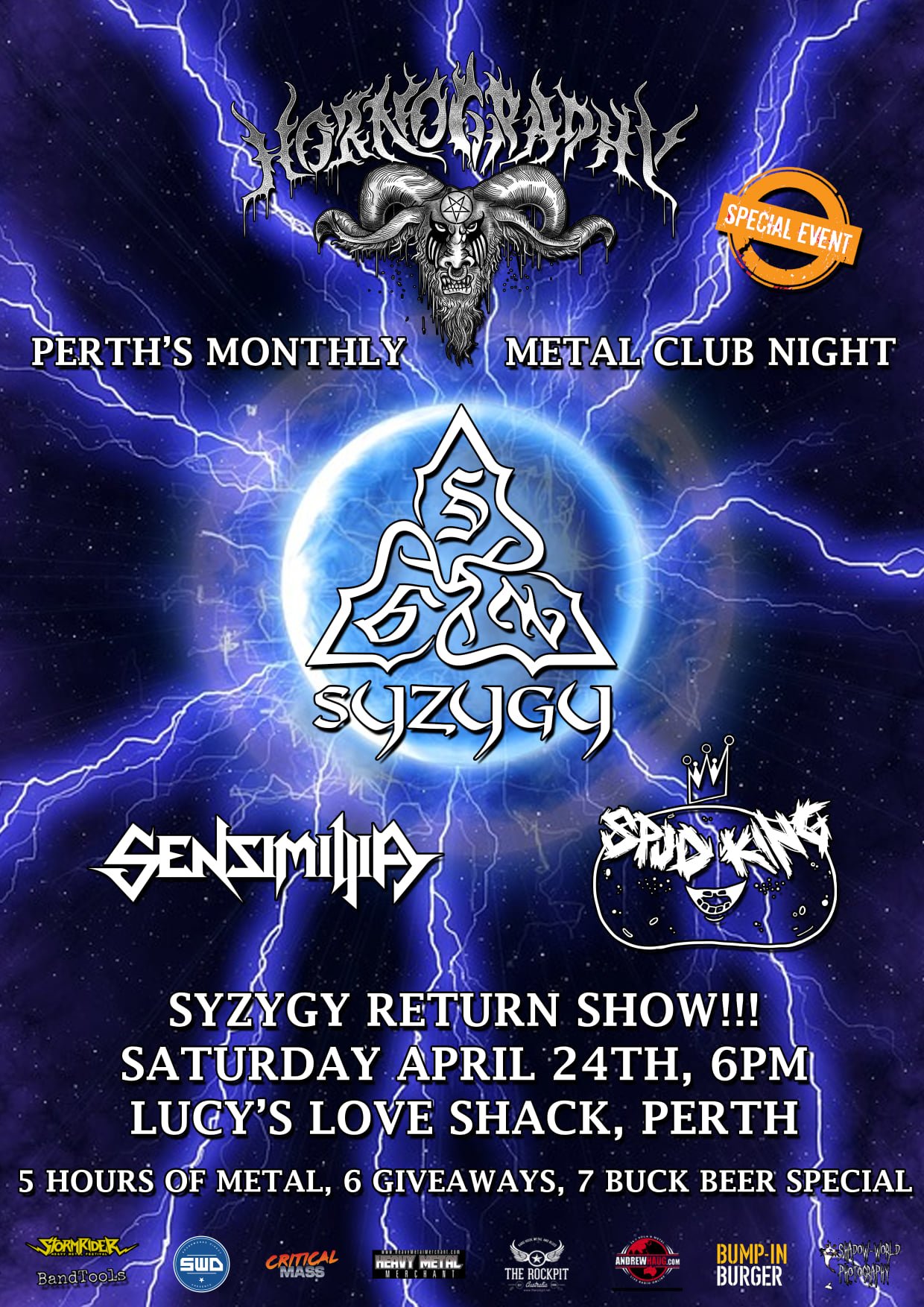 Syzygy return for Hornography Perth Metal Club April event - The Rockpit